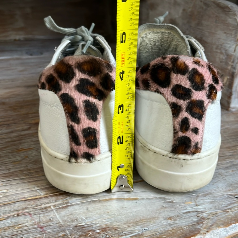 🤍 P448 White Leather Leopard Sneakers Size 39 Suede Toe Platform - Picture 6 of 12